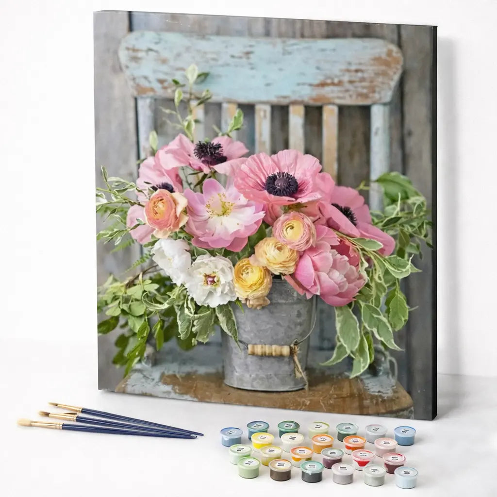 Pink Flowers in Rustic Bucket