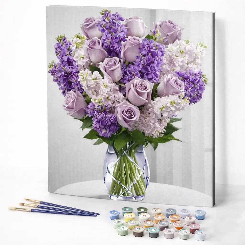 Lavender Roses in Glass Vase