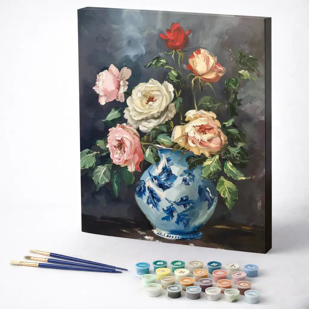 Roses in Blue Porcelain Vase